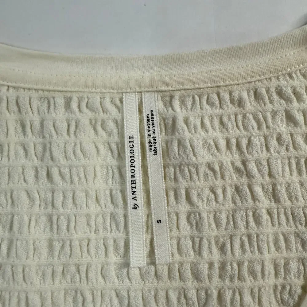 Anthropologie S Womens Smocked Bell Sleeve Top Scoop Neck Classic Cream